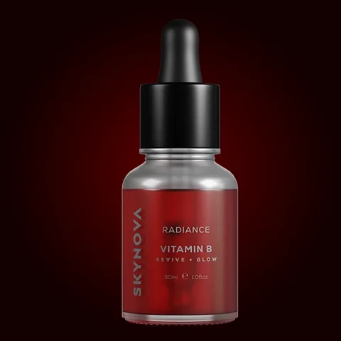 Vitamin B Radiance Serum, photorealistic 3D product render by VelarVisuals